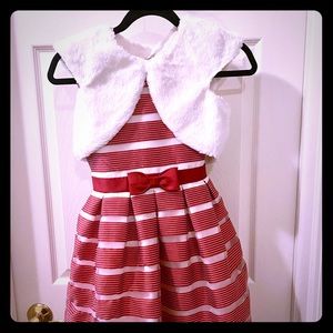 Red and white dress with fur bolero vest